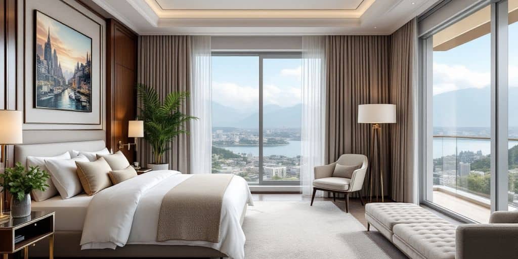 Luxurious hotel room with elegant decor and stunning view.
