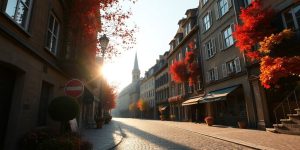 Golden autumn leaves frame a picturesque European city street.