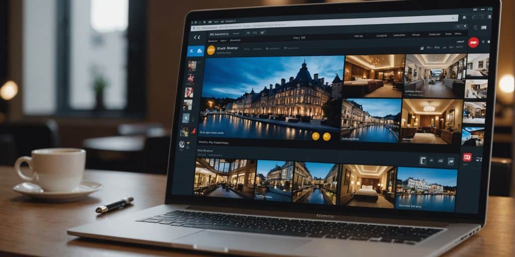 Laptop displaying various hotel reviews and ratings.