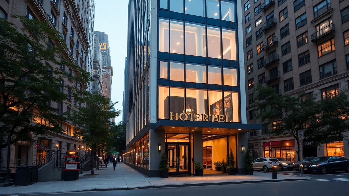 Modern hotel facade on a bustling New York street