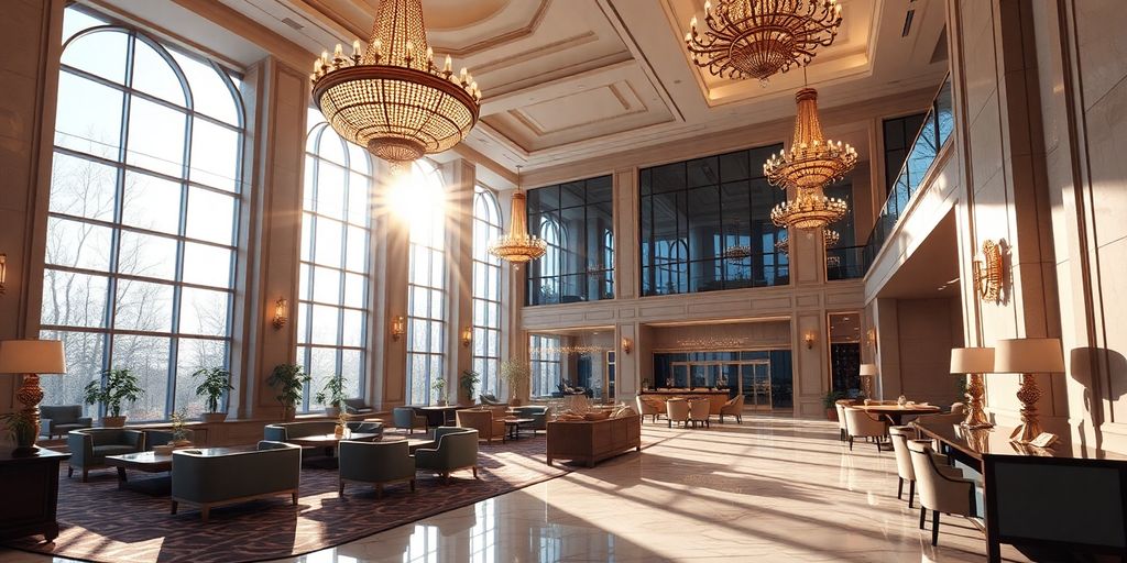 Luxury hotel lobby with chandeliers and marble floors.
