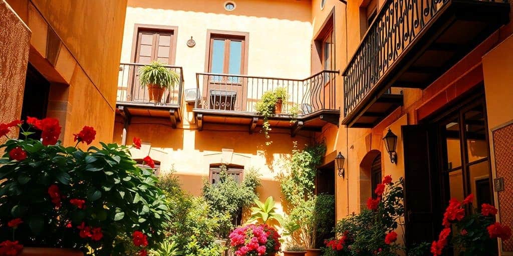 Sunlit hotel courtyard, vibrant flowers, traditional Spanish architecture.