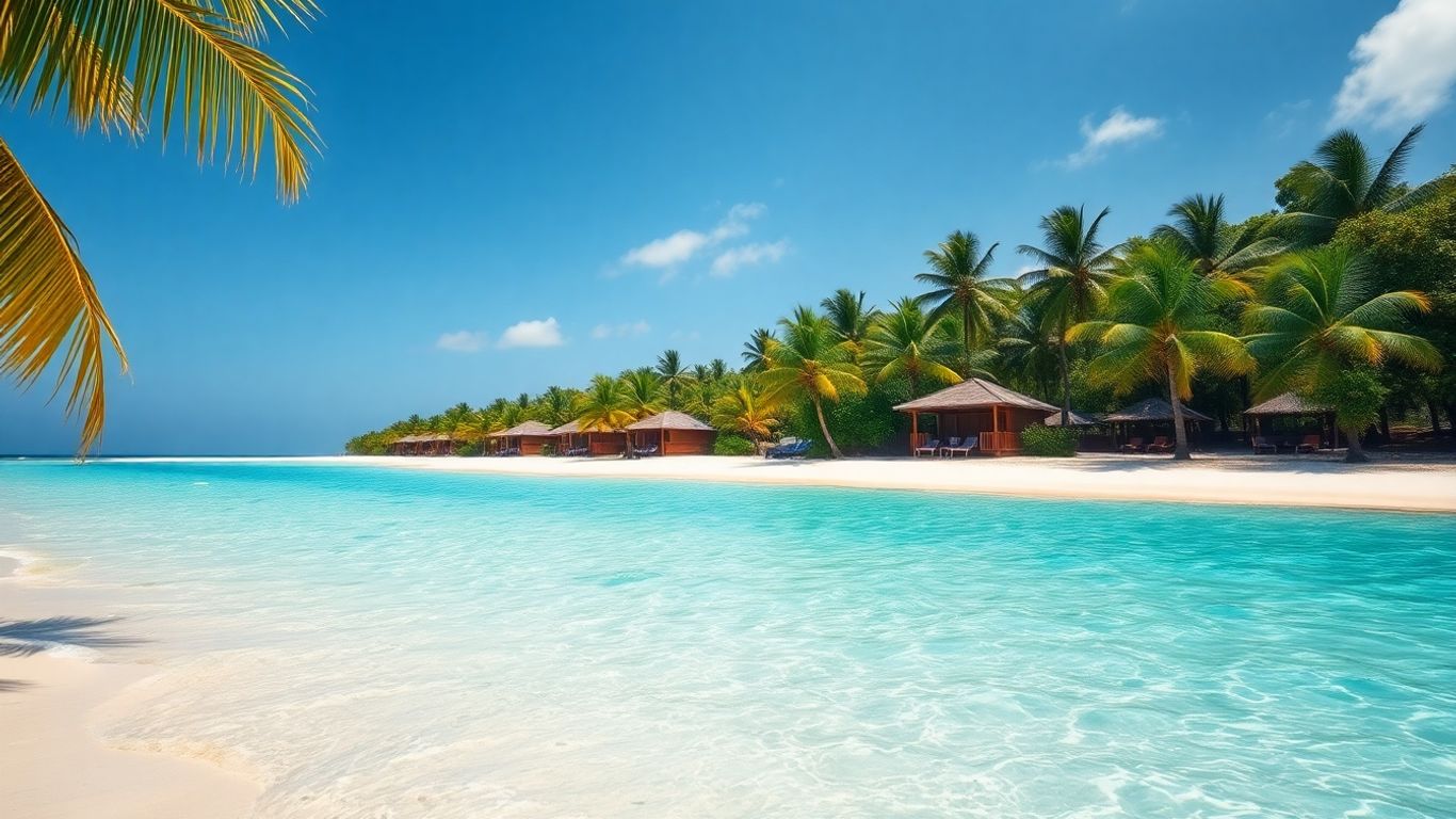 Tropical beach with palm trees and resort for TUI holidays.