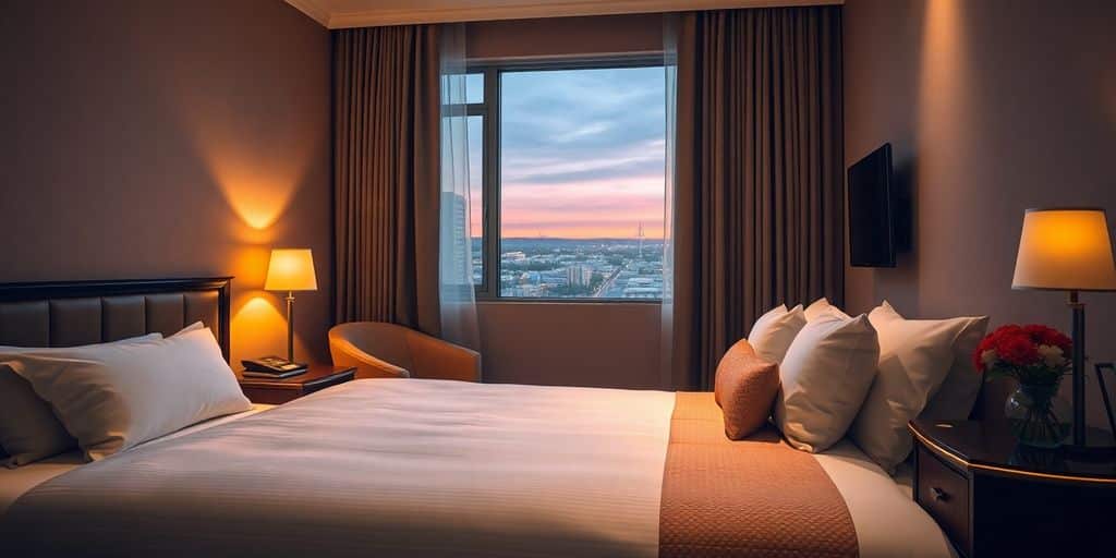 Cozy hotel room with warm lighting and elegant decor.