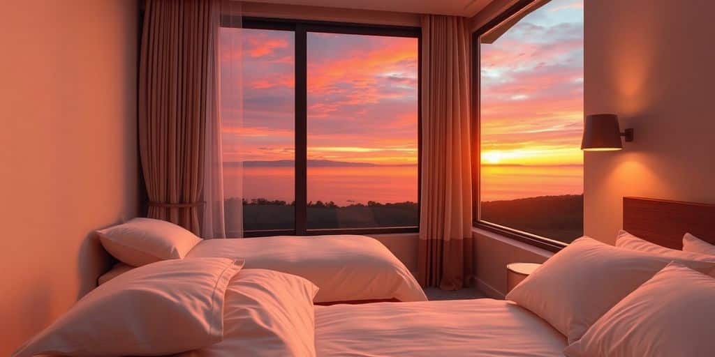 Cozy hotel room with sunset view, warm lighting.