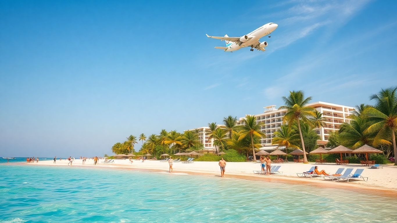 TUI holidaymakers on a sunny tropical beach with airplane