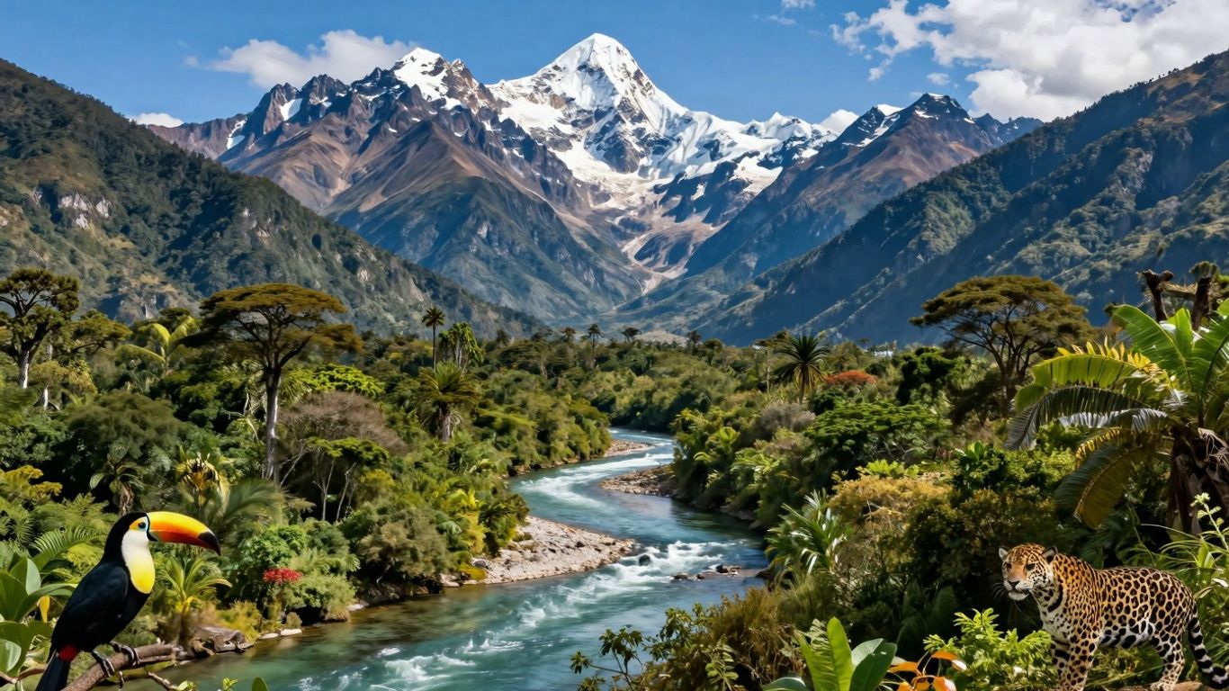South American mountains, rainforest, and river landscape.