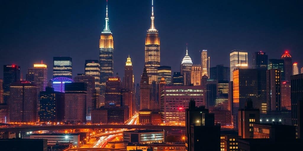 New York City skyline at night with bright lights.