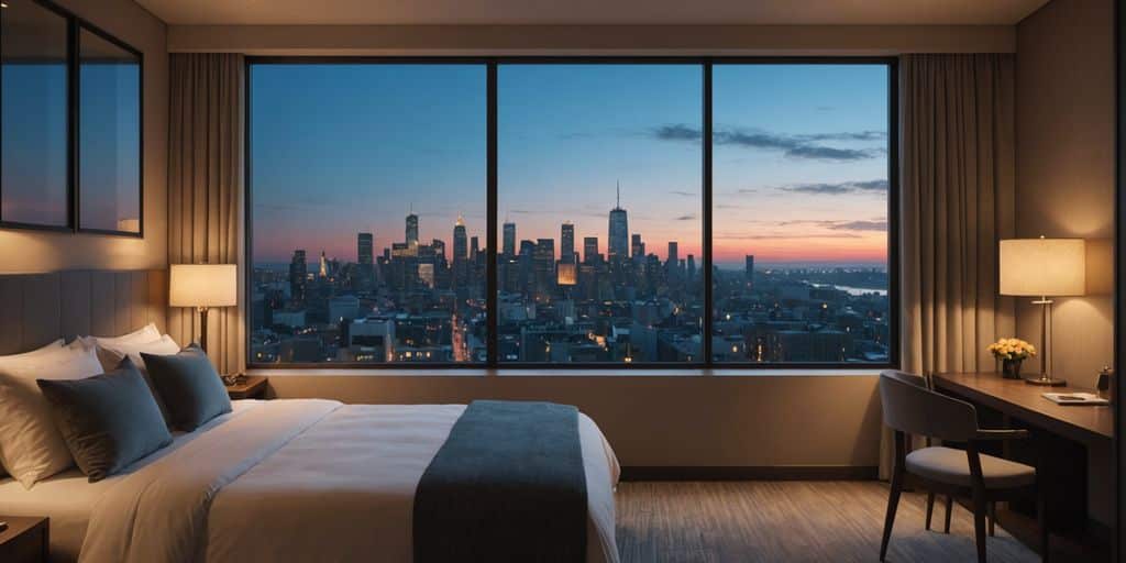Cosy hotel room with city view at dusk