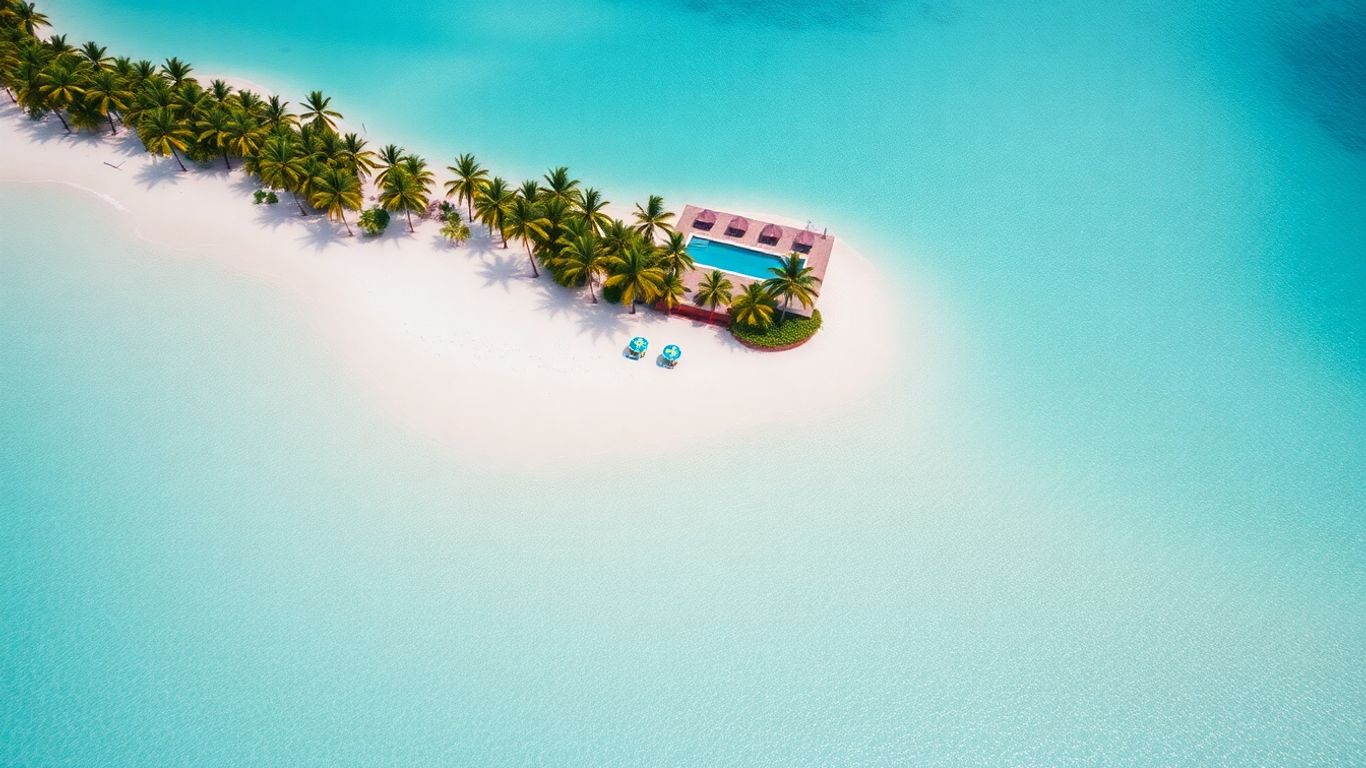 Tropical beach with clear blue water and palm trees.