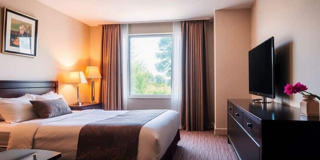 Cozy hotel room with a beautiful view outside.