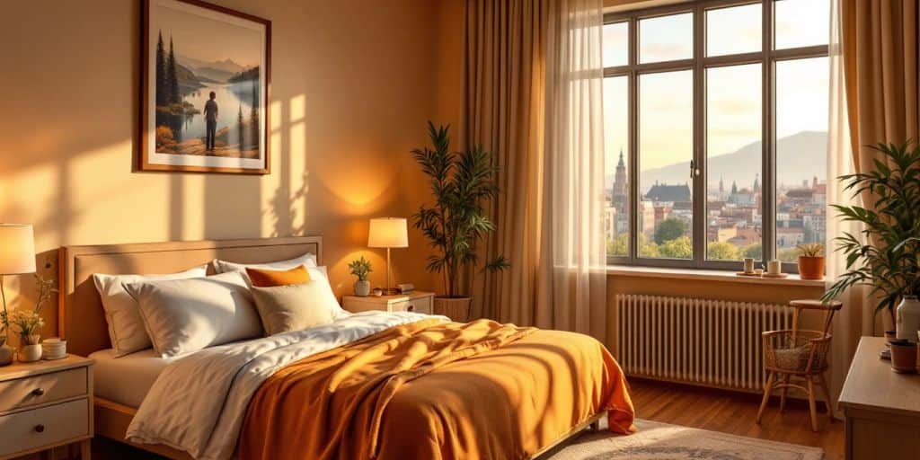 Cozy hotel room with scenic view and warm decor.