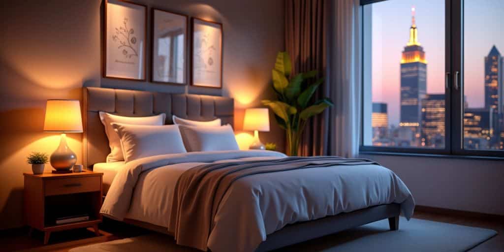 Cozy hotel room with inviting decor and city view.