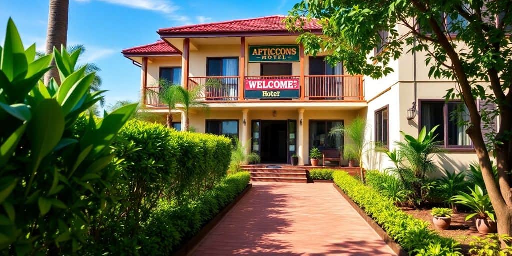 Welcoming hotel exterior surrounded by greenery and blue sky.