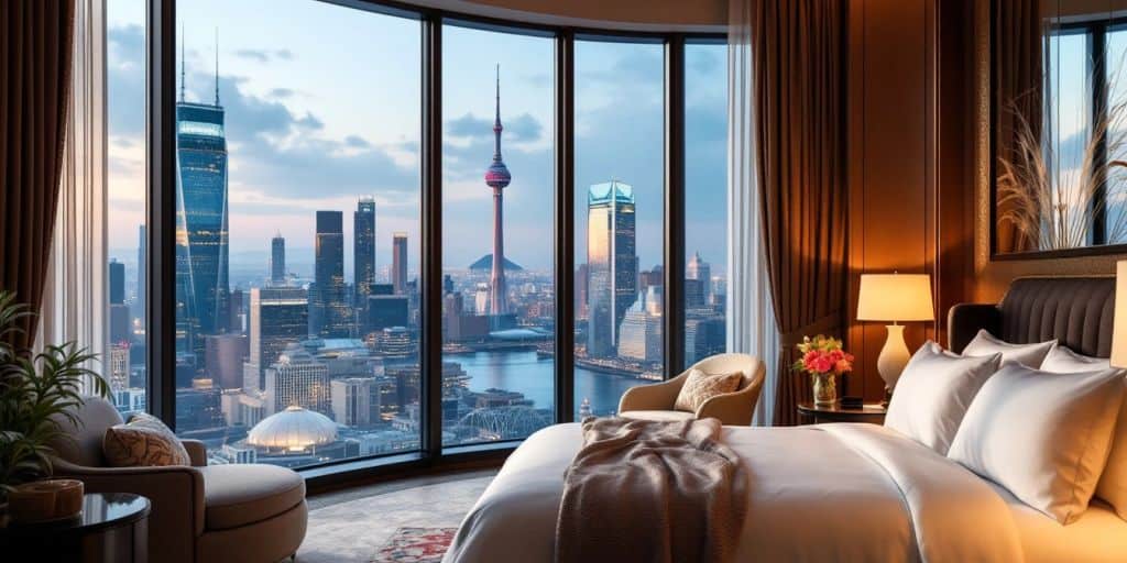 Luxurious hotel room with elegant decor and stunning view.
