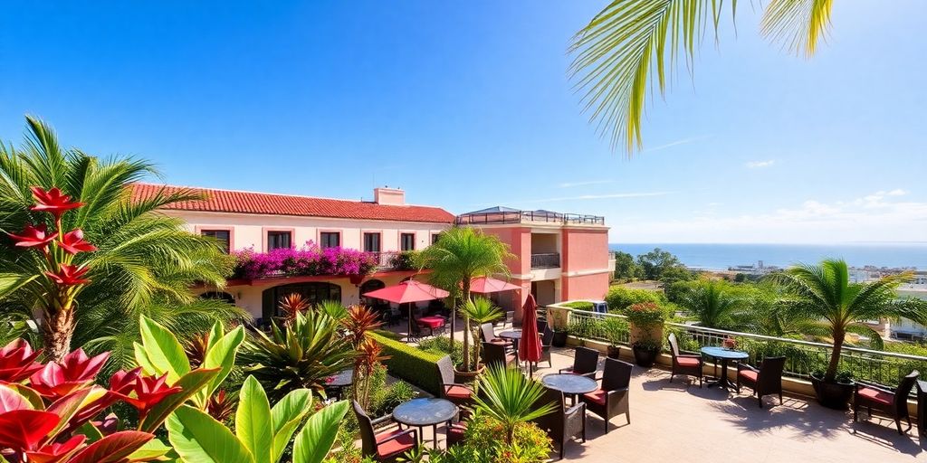 Hotel Iberia surrounded by tropical plants and blue sky.