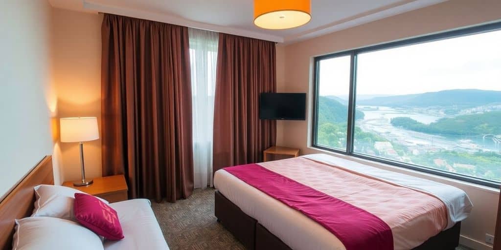 Cozy hotel room with warm lighting and inviting decor.