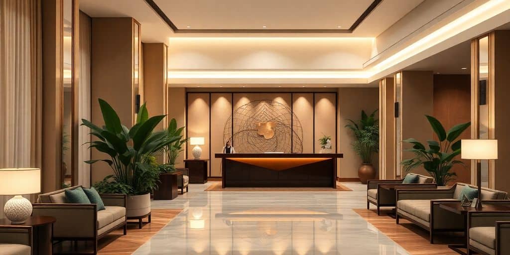 A welcoming hotel lobby with elegant decor and lighting.