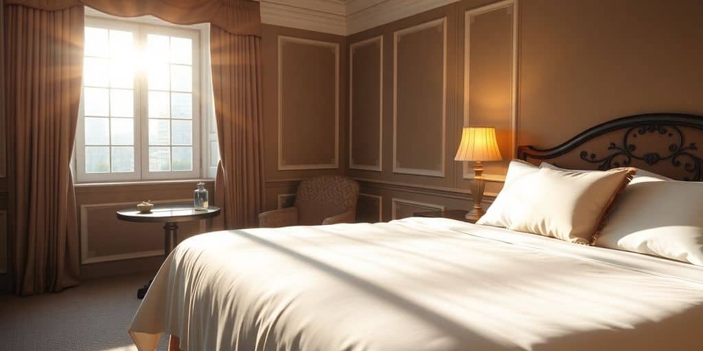 Elegant hotel room with plush bedding and warm lighting.
