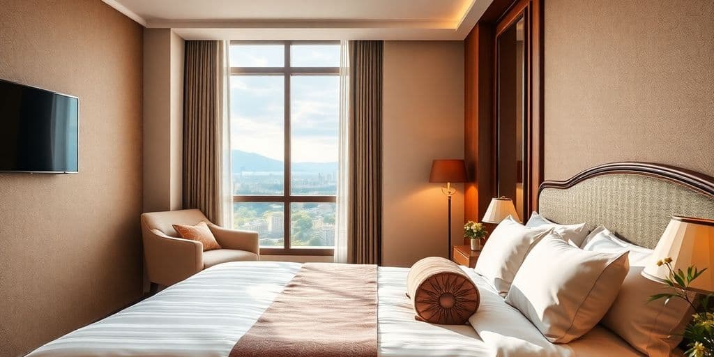 Cozy hotel room with inviting bed and elegant decor.