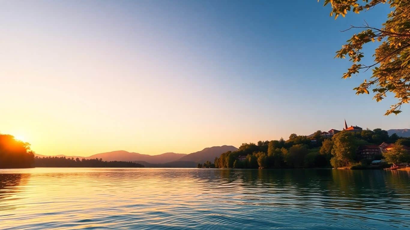 Serene European lake at sunset with clear water and mountains.