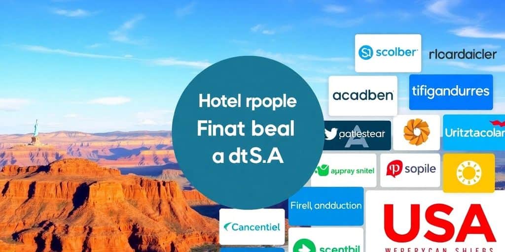 Logos of hotel booking sites with U.S. landmarks.