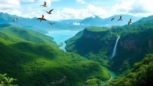 Vibrant Colombian landscapes with mountains, water, and jungle.