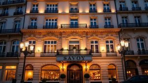 Elegant Hotel Savoy Paris facade at night.