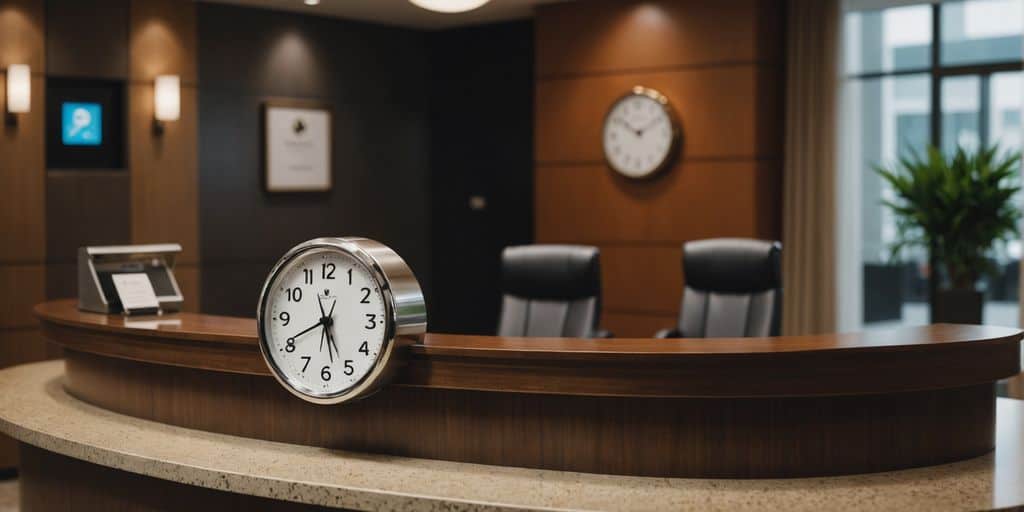 24-hour check-in hotel reception desk with clock