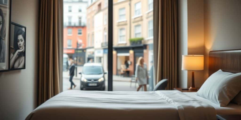 Cozy hotel room, city view, budget travel.