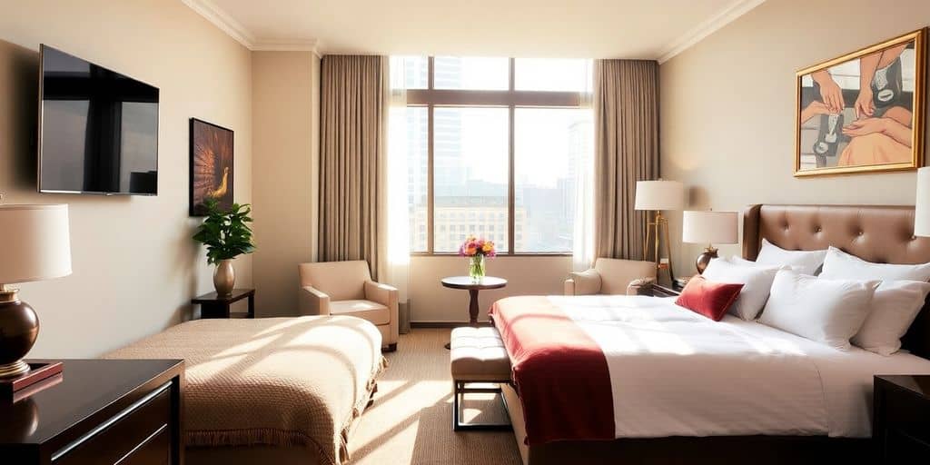 Cozy hotel room in Dallas with elegant decor.