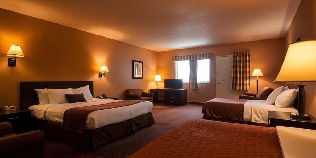 Inviting motel rooms with comfortable furnishings.