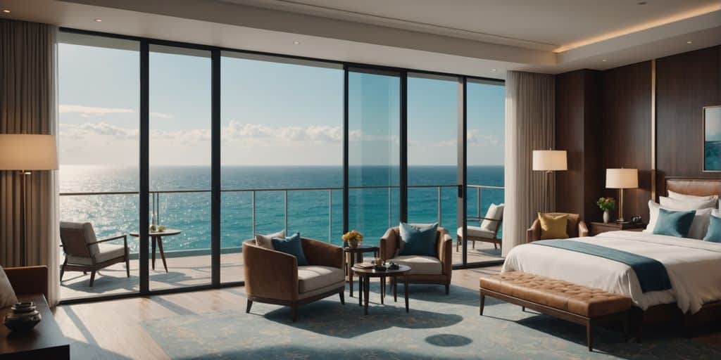 Luxury hotel room with ocean view balcony