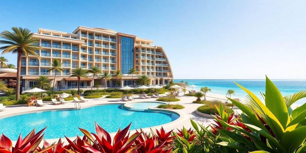 Luxurious hotel by the beach with clear blue skies.