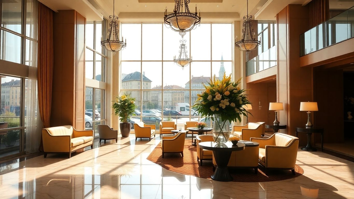 Luxurious hotel lobby with chandeliers and city view.