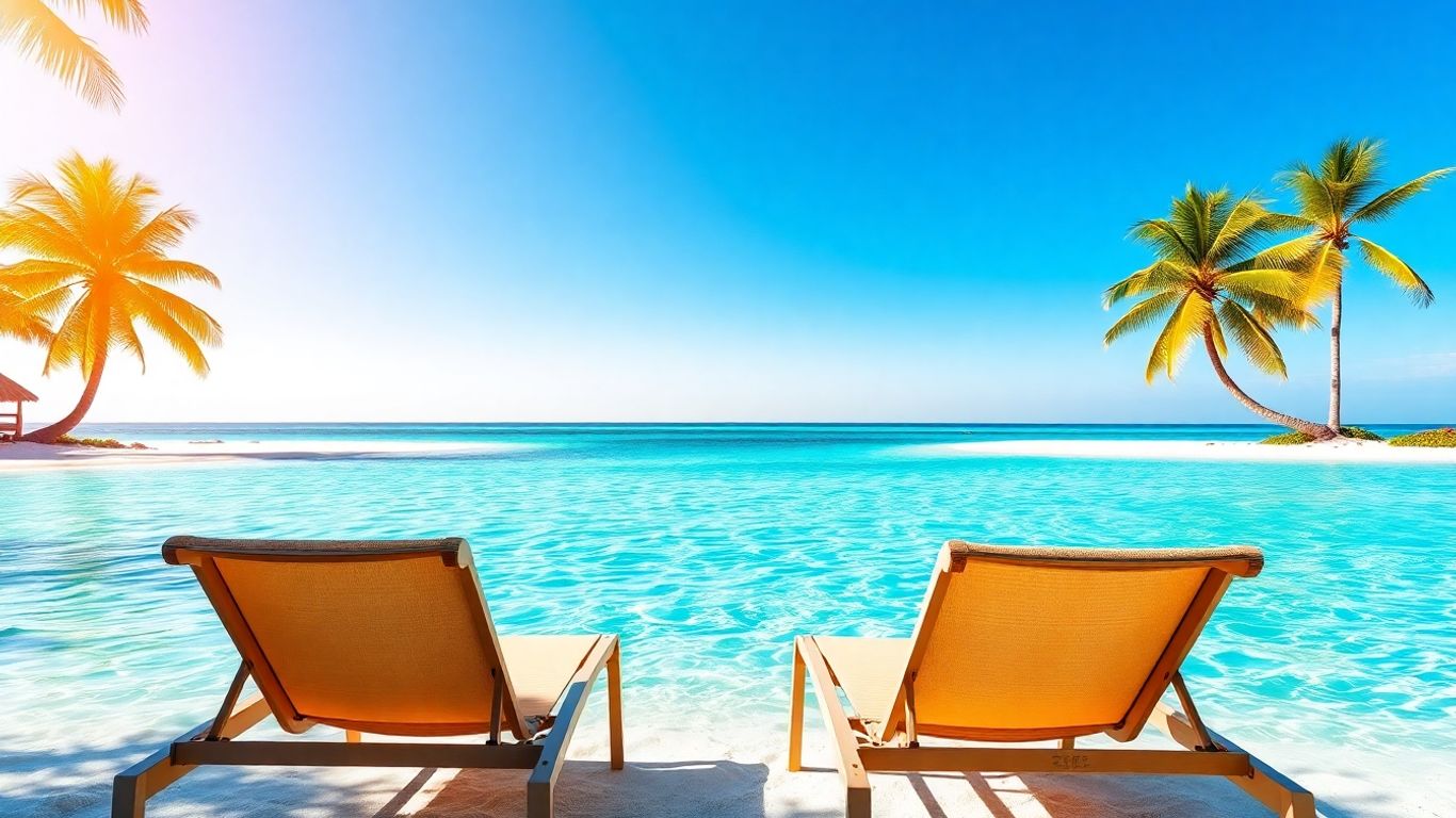 Sunny beach with palm trees and empty chairs.