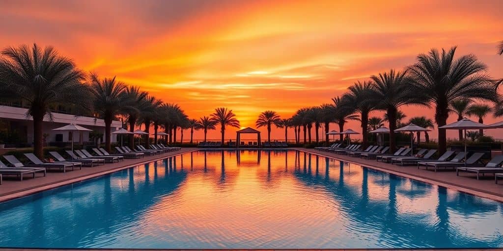 Luxurious hotel pool with palm trees at sunset.