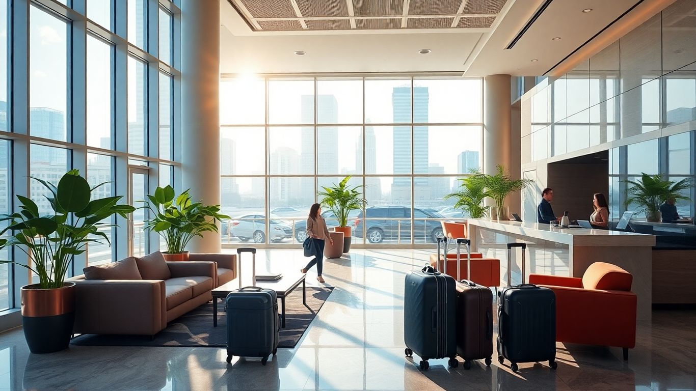 Travellers at a modern hotel reception desk