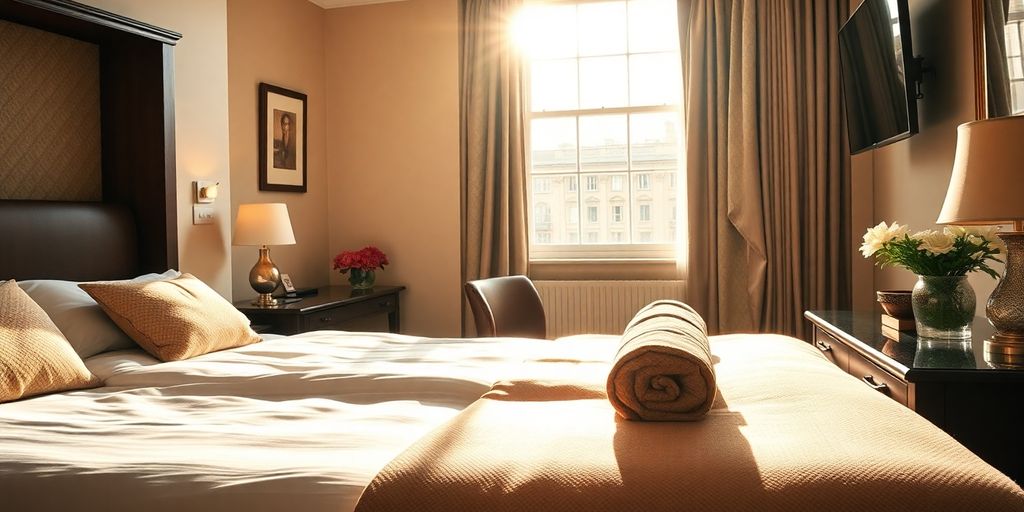 Cosy London hotel room with sunlight.