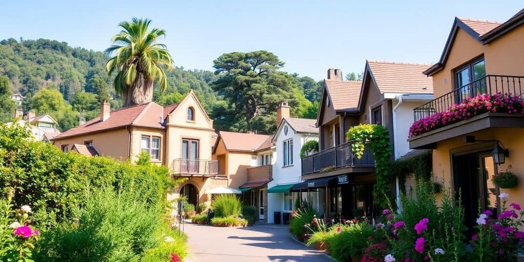 Photorealistic array of budget hotels in a scenic location.