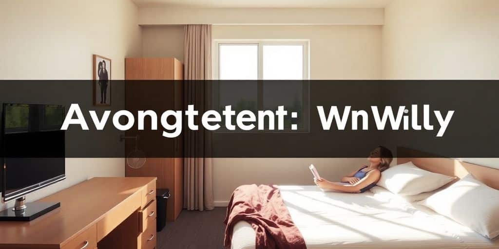 Traveller relaxing in budget hotel room.