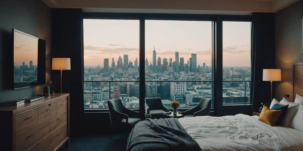 Cosy hotel room with city view for weekend escapes.