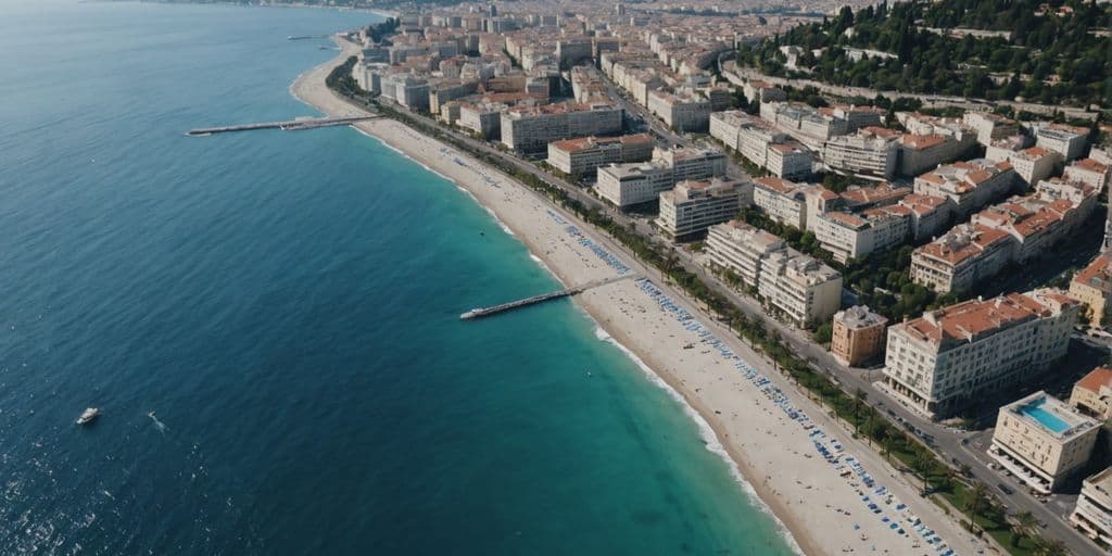Aerial view of Nice coastline with hotels and beach.