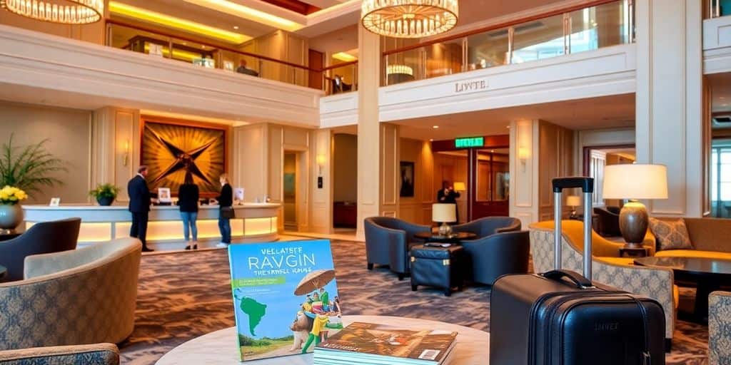 Elegant hotel lobby with guests and warm lighting.