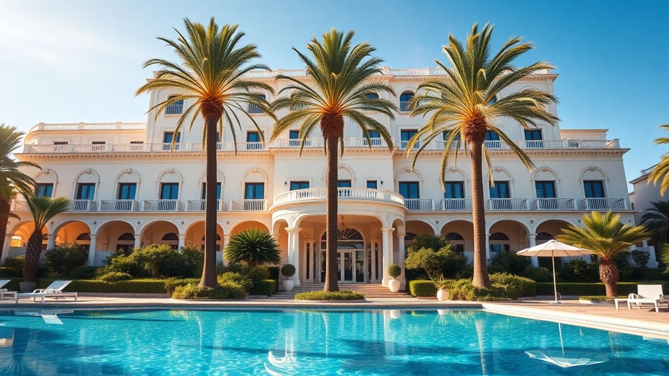 Luxury 5-star hotel facade with pool and gardens in Almeria.
