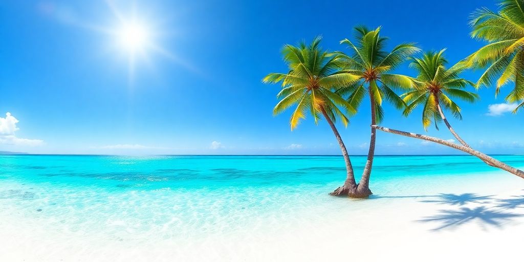 Turquoise waters lapping white sandy beach, palm trees.