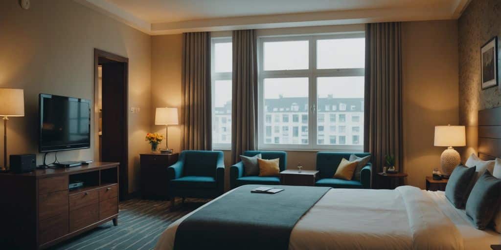 Comfortable budget hotel room with cozy bed and decor.