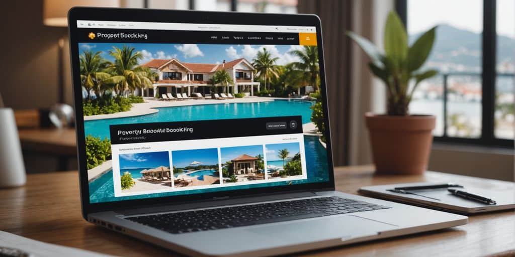 Laptop showing property booking site with vacation photos