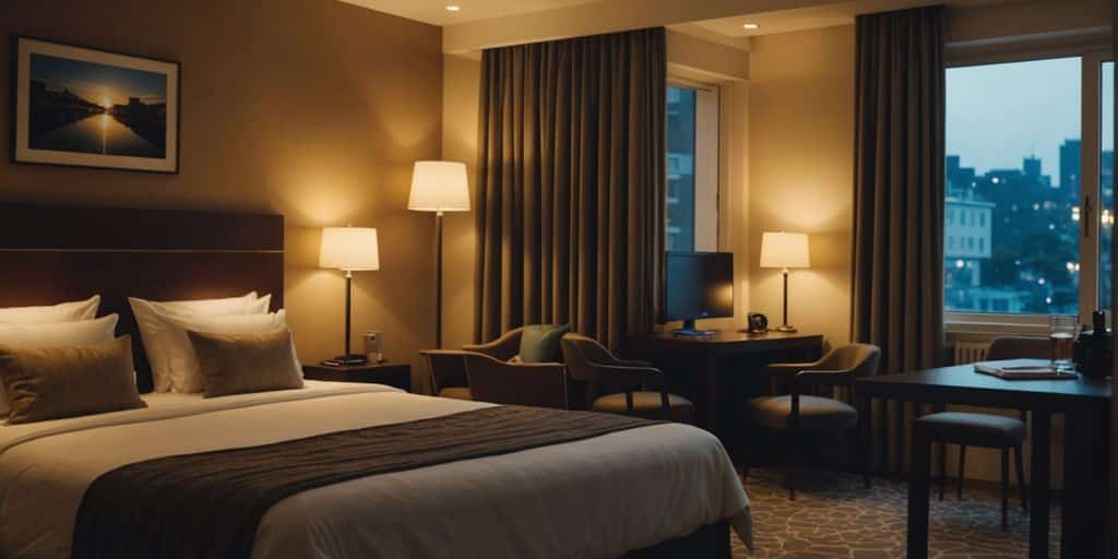 Affordable hotel room with comfortable bed and stylish design.