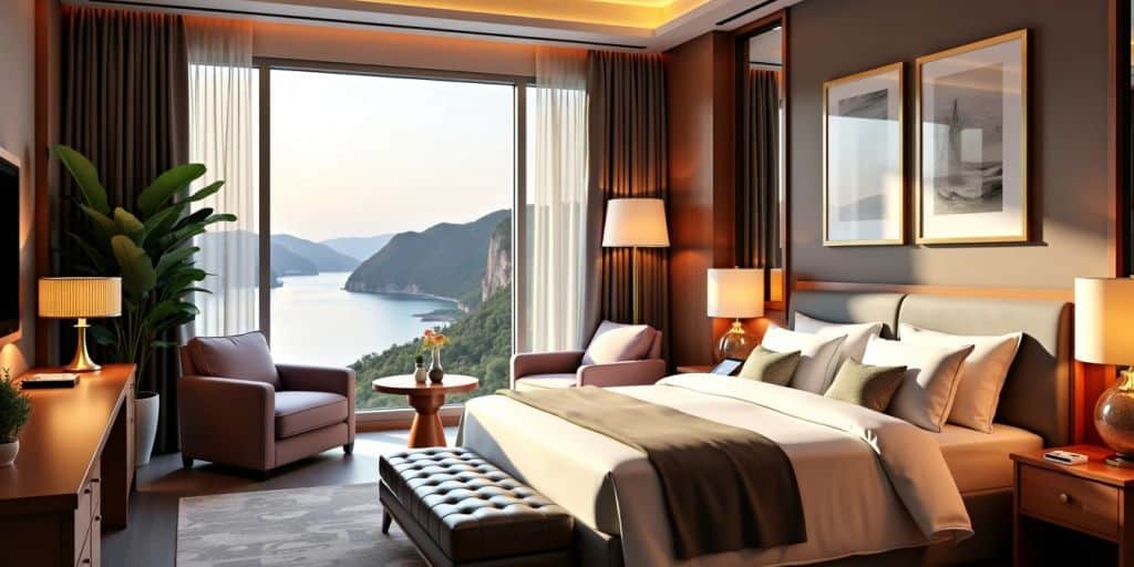 Luxurious hotel room with elegant furnishings and scenic view.